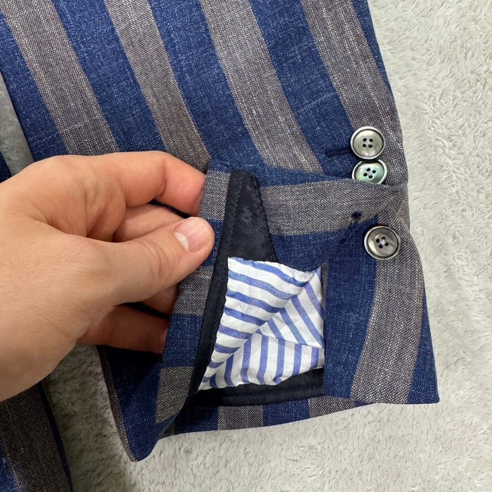 Leonard Logsdail Bespoke Mens 42S Striped Linen Blue Grey Custom Fit Sport Coat - Picture 4 of 13
